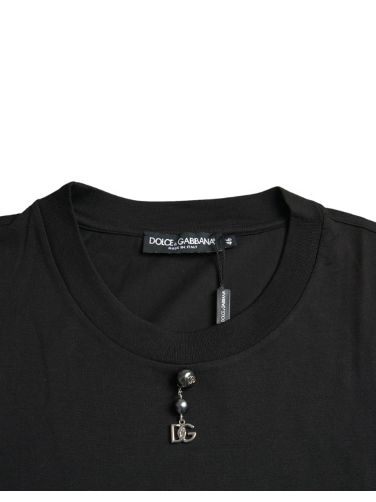 T-Shirts Black Embellished Cotton Crew Neck T-shirt 1.110,00 € 8057142452169 | Planet-Deluxe