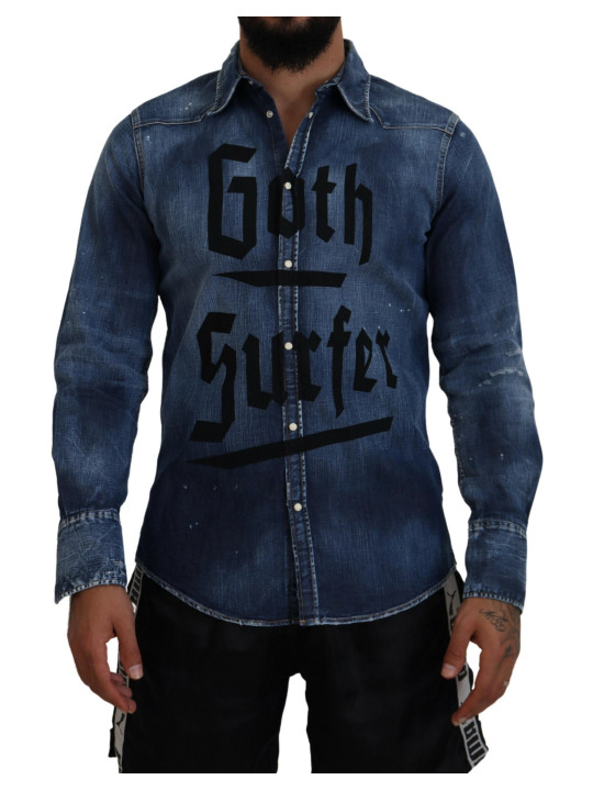 Shirts Blue Washed Goth Surfer Print Men Denim Shirt 1.290,00 € 8052134621745 | Planet-Deluxe