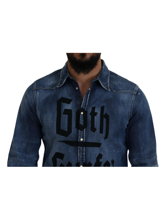 Shirts Blue Washed Goth Surfer Print Men Denim Shirt 1.290,00 € 8052134621745 | Planet-Deluxe