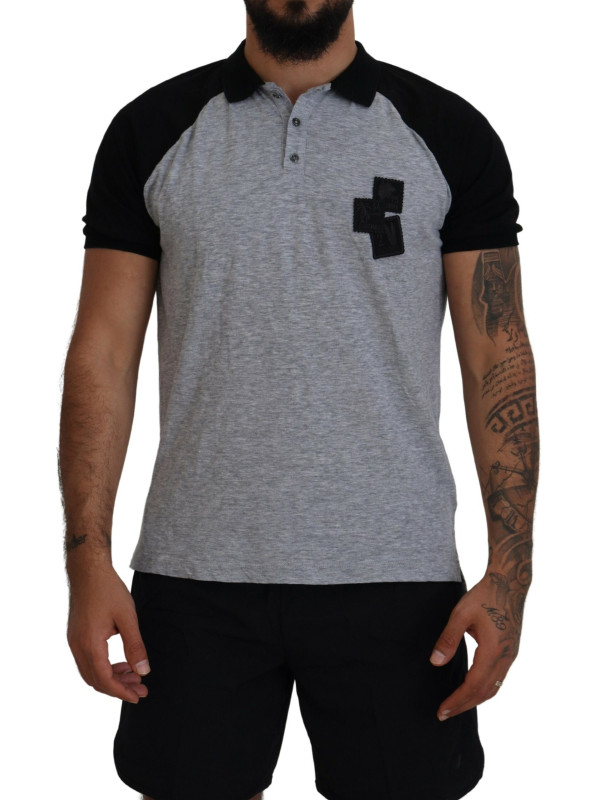 T-Shirts Gray Black Cotton Short Sleeves Collared T-shirt 1.130,00 € 8052134580554 | Planet-Deluxe