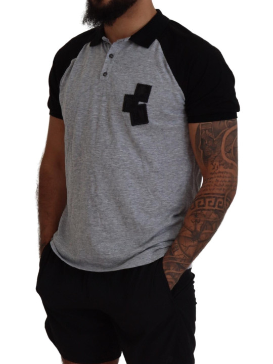 T-Shirts Gray Black Cotton Short Sleeves Collared T-shirt 1.130,00 € 8052134580554 | Planet-Deluxe