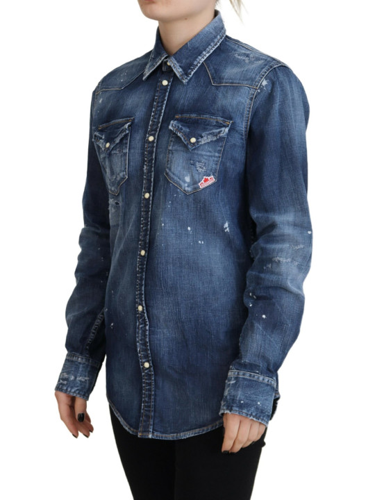 Shirts Blue Washed Cotton Button Down Collared Denim Shirt 2.300,00 € 8052134524725 | Planet-Deluxe