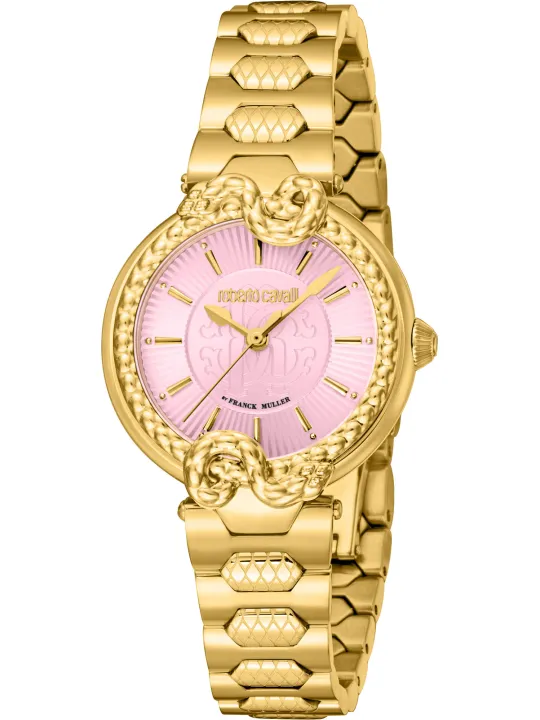 Goldene Roberto Cavalli Damenuhr mit rosa Zifferblatt