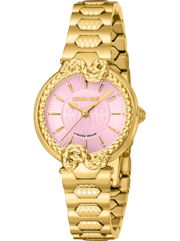 Goldene Roberto Cavalli Damenuhr mit rosa Zifferblatt