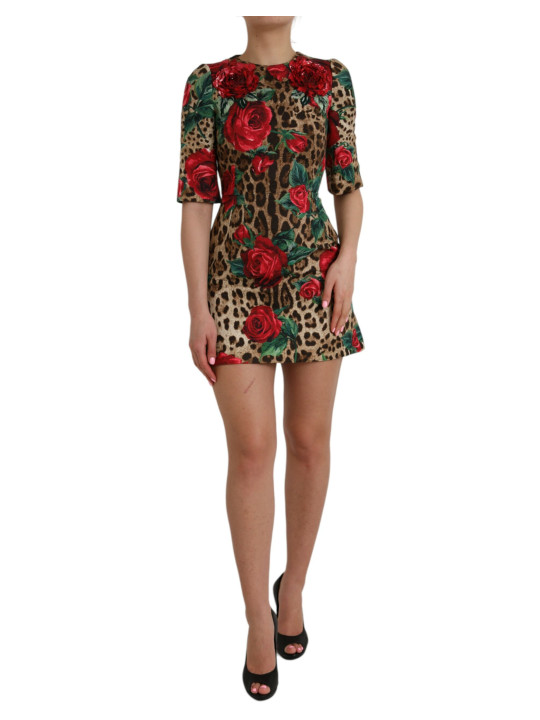 Dresses Brown Leopard Red Roses Cotton A-line Dress 4.600,00 € 8053286689416 | Planet-Deluxe