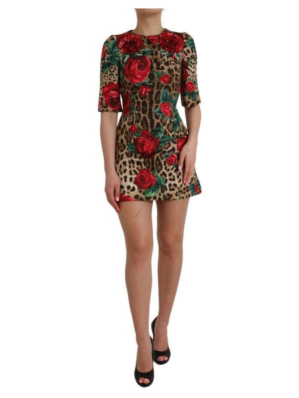 Dresses Brown Leopard Red Roses Cotton A-line Dress 4.600,00 € 8053286689416 | Planet-Deluxe