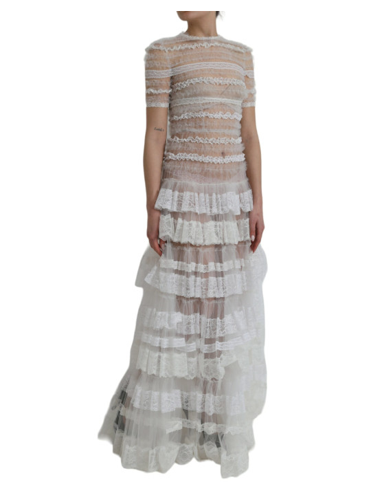 Dresses White Nylon Sheer Tiered Lace Maxi Dress 16.180,00 € 8054802995806 | Planet-Deluxe