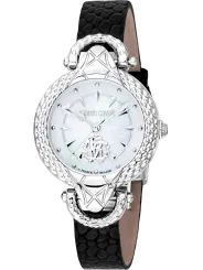 Schwarzes Lederarmband silberne Roberto Cavalli Uhr