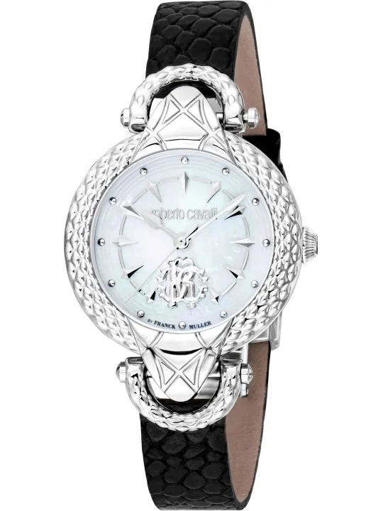 Schwarzes Lederarmband silberne Roberto Cavalli Uhr