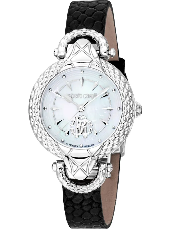 Schwarzes Lederarmband silberne Roberto Cavalli Uhr