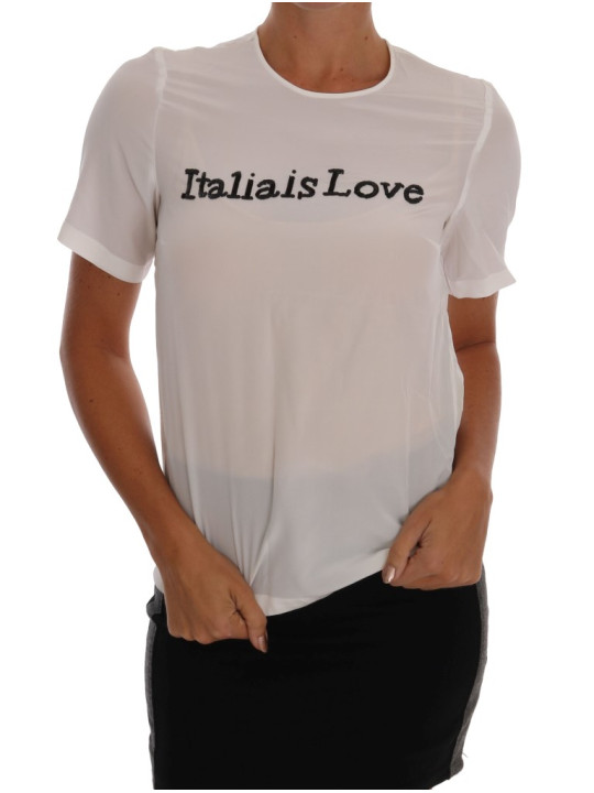Tops & T-Shirts Silk Sequined 'Italia Is Love' White Blouse 1.400,00 € 8056305899032 | Planet-Deluxe