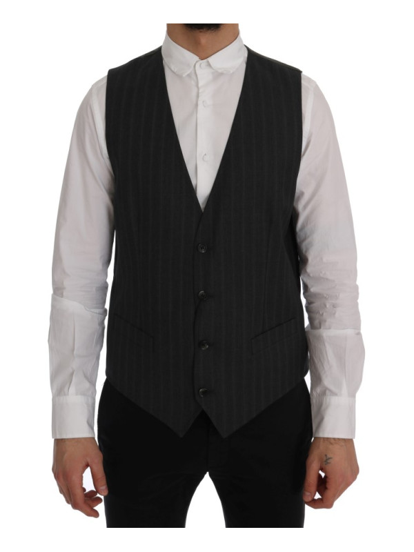 Vests Elegant Gray Striped Single Breasted Vest 640,00 € 8058301880823 | Planet-Deluxe