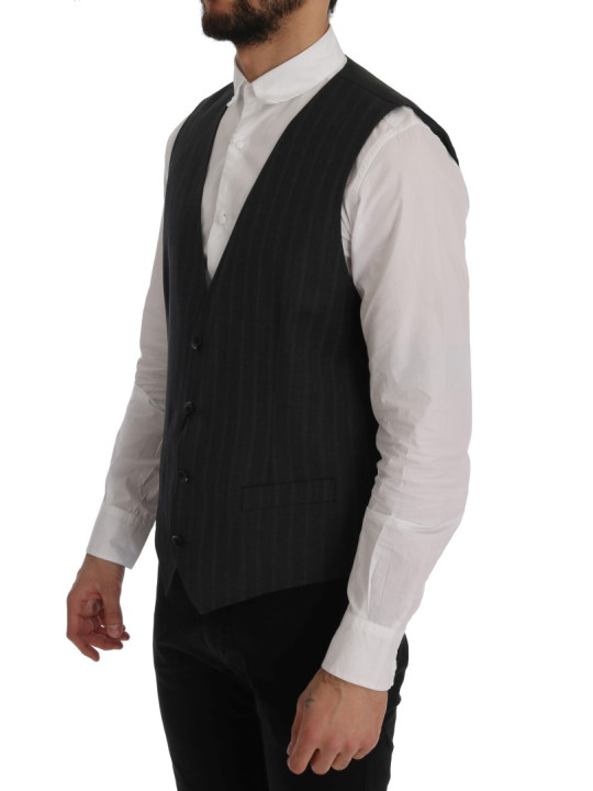 Vests Elegant Gray Striped Single Breasted Vest 640,00 € 8058301880823 | Planet-Deluxe