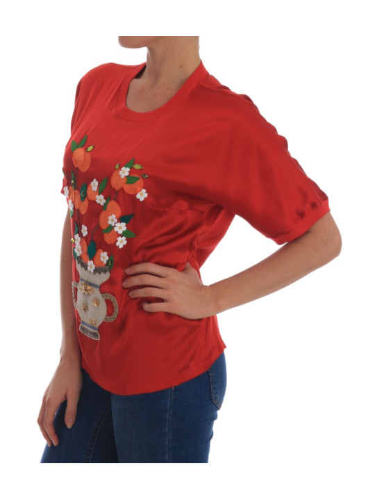 Tops & T-Shirts Elegant Red Silk Crystal-Embellished Blouse 2.300,00 € 7333413029447 | Planet-Deluxe