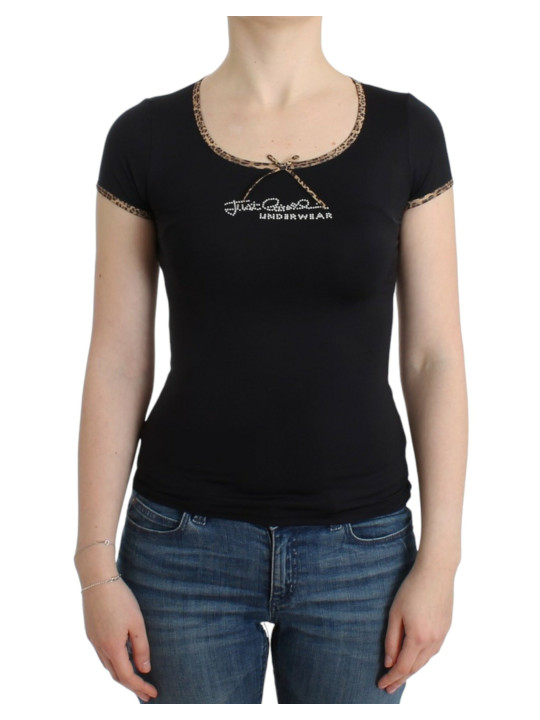 Tops & T-Shirts Chic Black Crewneck Top with Leopard Details 360,00 € 7333413020581 | Planet-Deluxe