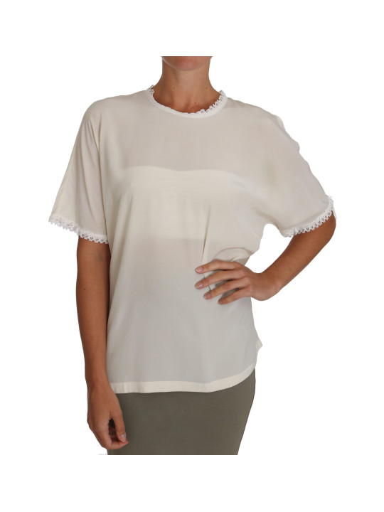 Tops & T-Shirts Cream Silk Lace-Detailed Blouse Top 1.300,00 € 8058091151443 | Planet-Deluxe