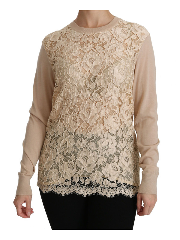 Tops & T-Shirts Elegant Beige Lace Crew Neck Cashmere Blouse 1.110,00 € 8057001884759 | Planet-Deluxe