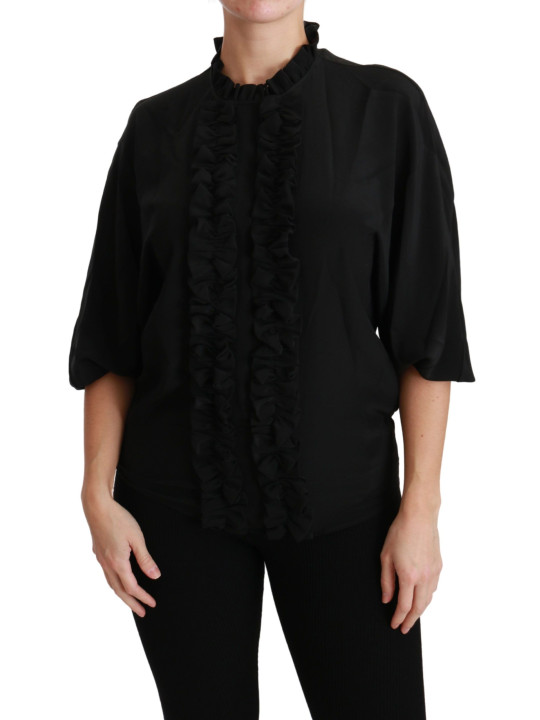 Tops & T-Shirts Elegant Black Silk Short Sleeve Blouse 940,00 € 8057001302369 | Planet-Deluxe