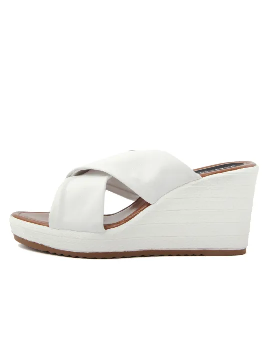 Weiße Leder Keilsandalen mit Riemchen