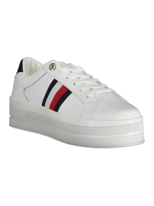"Tommy Hilfiger Sneakers im Sale | Tommy Hilfiger Damen Sneaker FW0FW06731F_BIANCO_YBR – Stilvoller und Nachhaltiger Freizeitschuh mit 4,5 cm Sohle und Recycelte online kaufen"|Planet-Deluxe
