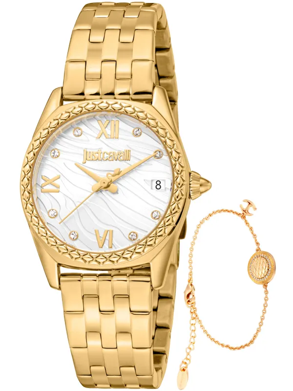 Goldfarbene Just Cavalli Damenuhr mit Kristallen Goldfarbene Just Cavalli Damenuhr mit Kristallen