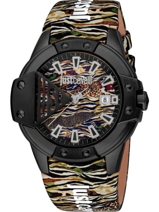 Schwarze Cavalli-Uhr mit Animalprint