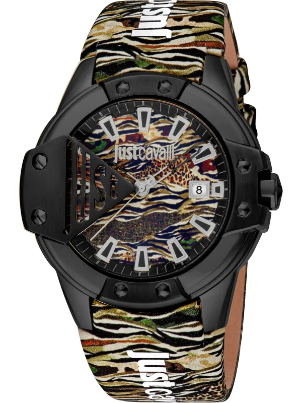 Schwarze Cavalli-Uhr mit Animalprint