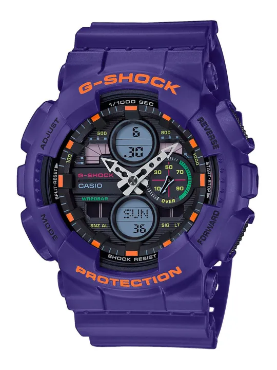 Violette Casio Digitaluhr mit Orange.