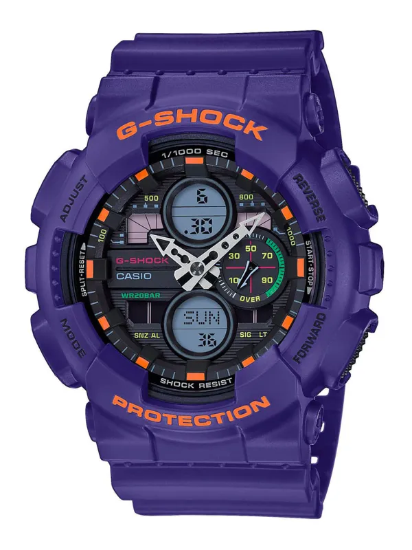 Violette Casio Digitaluhr mit Orange.