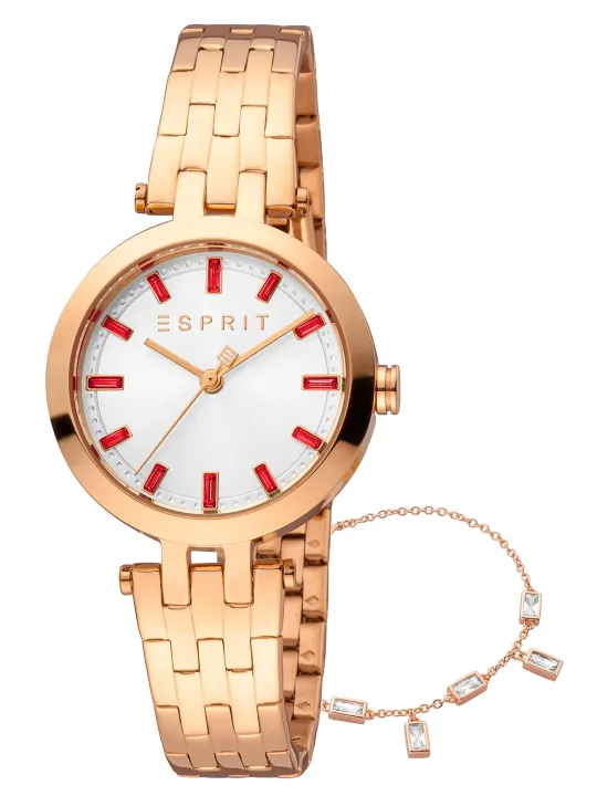 Goldene Damenarmbanduhr mit roten Steinen