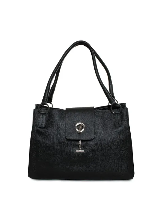 Schwarze Ledertasche mit silbernem Ring