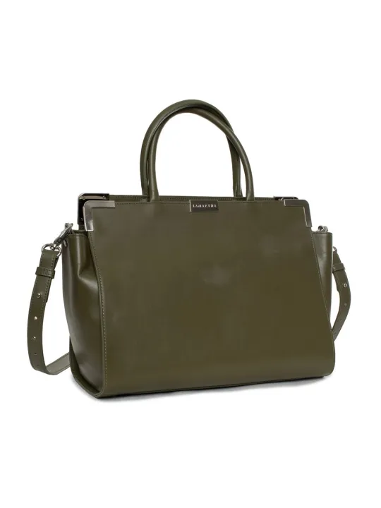 Olivgrüne Ledertasche mit silbernem Logo