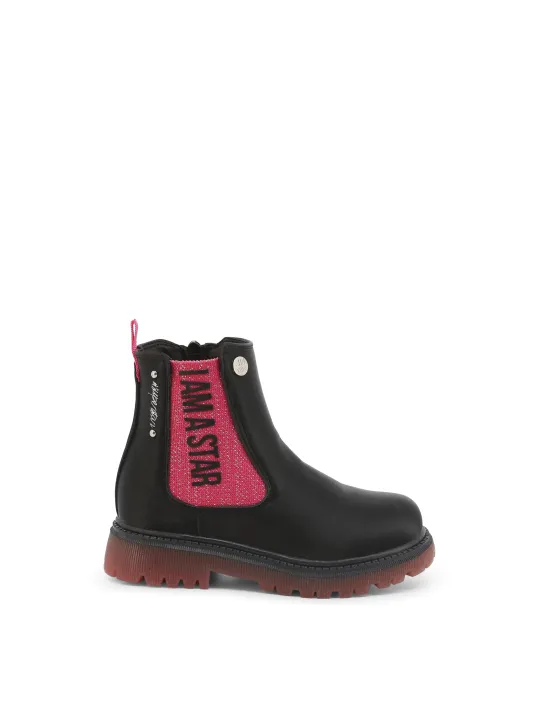 Schwarze Lederstiefel mit pinkem Detail