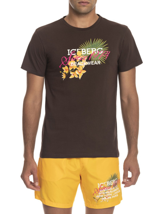 Braunbaumwoll-T-Shirt mit Blumenlogo