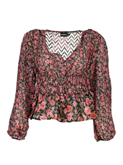 Desigual Bluse: V-Ausschnitt, Lange Ärmel, Elastikbund