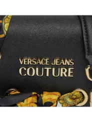 Schwarze Lederhandtasche mit buntem Schal