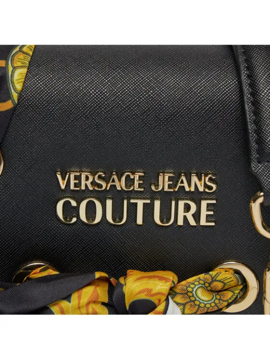 Schwarze Lederhandtasche mit buntem Schal
