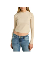 Beiges Rippstrick Langarmshirt für Damen