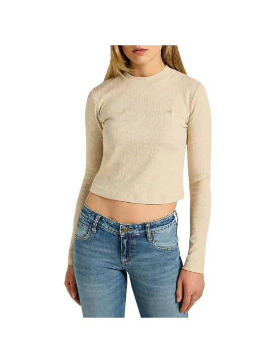 Beiges Rippstrick Langarmshirt für Damen