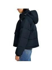 Schwarze, glänzende Pufferjacke mit Gürtel