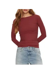 Rotes geripptes Langarm-T-Shirt Damen