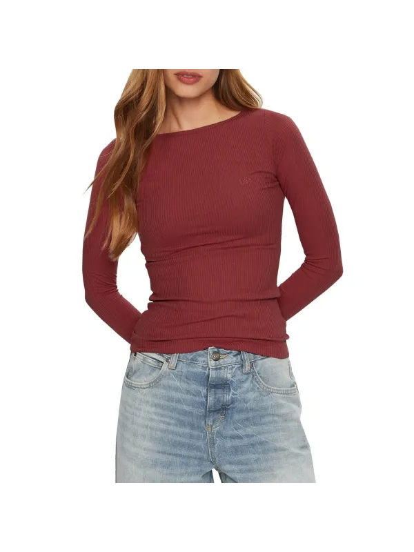 Rotes geripptes Langarm-T-Shirt Damen Rotes geripptes Langarm-T-Shirt Damen