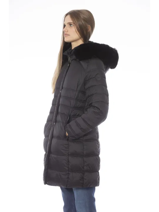 Schwarze Daunenjacke mit Pelzkapuze