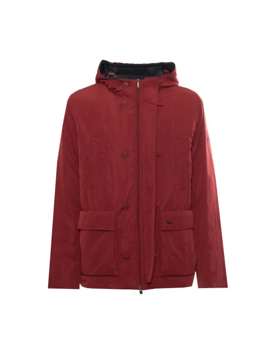 Roter Wintermantel mit Kapuze