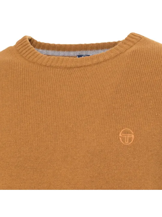 Tan Rundhals-Rippstrickpullover mit Logo