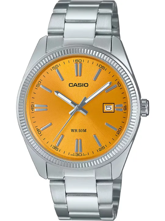 Silberne Casio Uhr mit gelbem Zifferblatt