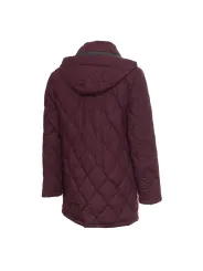 Quilted burgundy jacket with green hood