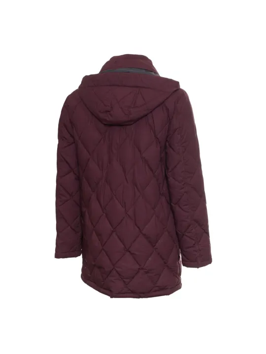 Quilted burgundy jacket with green hood