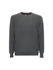 Grauer Strickpullover mit rotem Detail