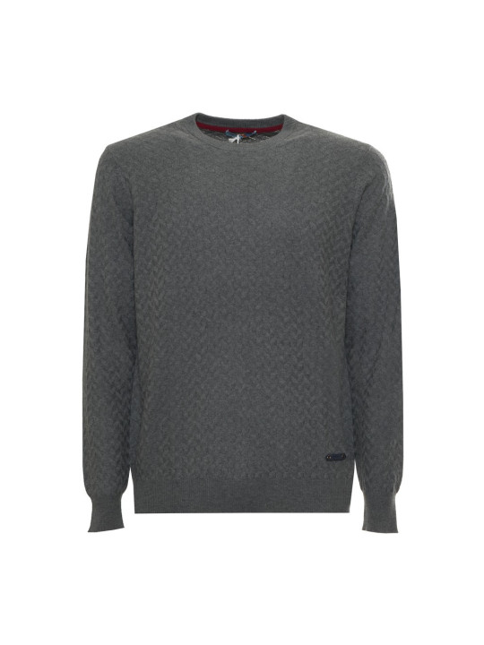 Grauer Strickpullover mit rotem Detail
